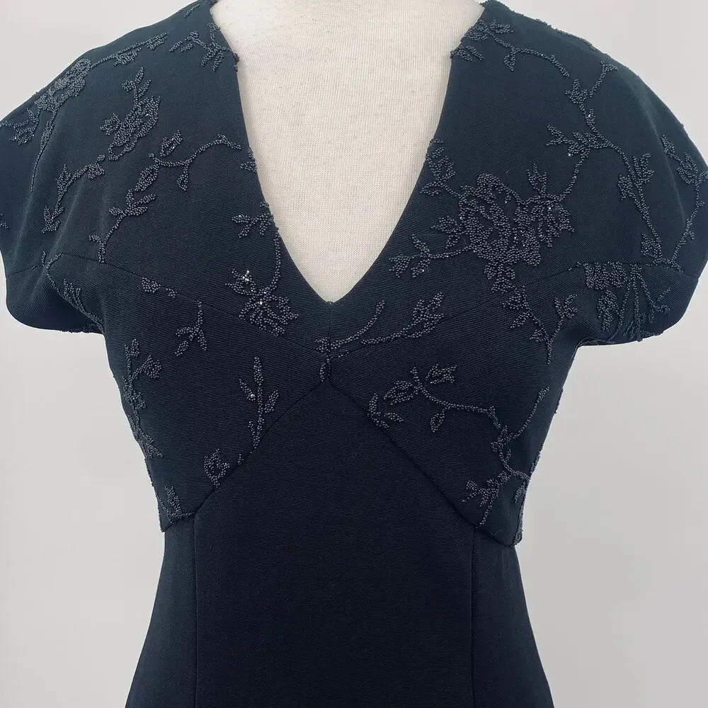 Vintage 90s Beaded Bodice Maxi Dress Knit Fitted Column Gown Empire Waist Black - Picture 2 of 8